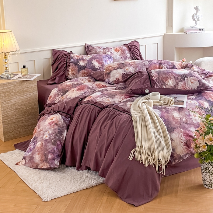 91家纺网 家纺一手货源 找家纺 棠颂家纺 2025新款法式锦棉缎数码印花四件套 霓裳