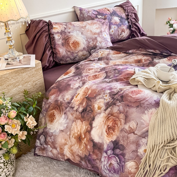 91家纺网 家纺一手货源 找家纺 棠颂家纺 2025新款法式锦棉缎数码印花四件套 霓裳