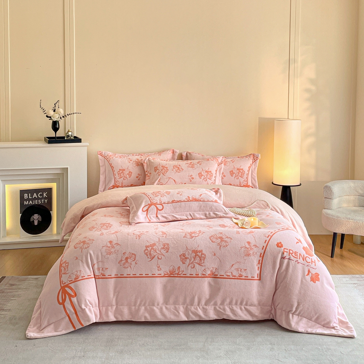 新方向 2025新款全消光A类数码印花牛奶绒四件套-如梦 如梦-蔷薇粉