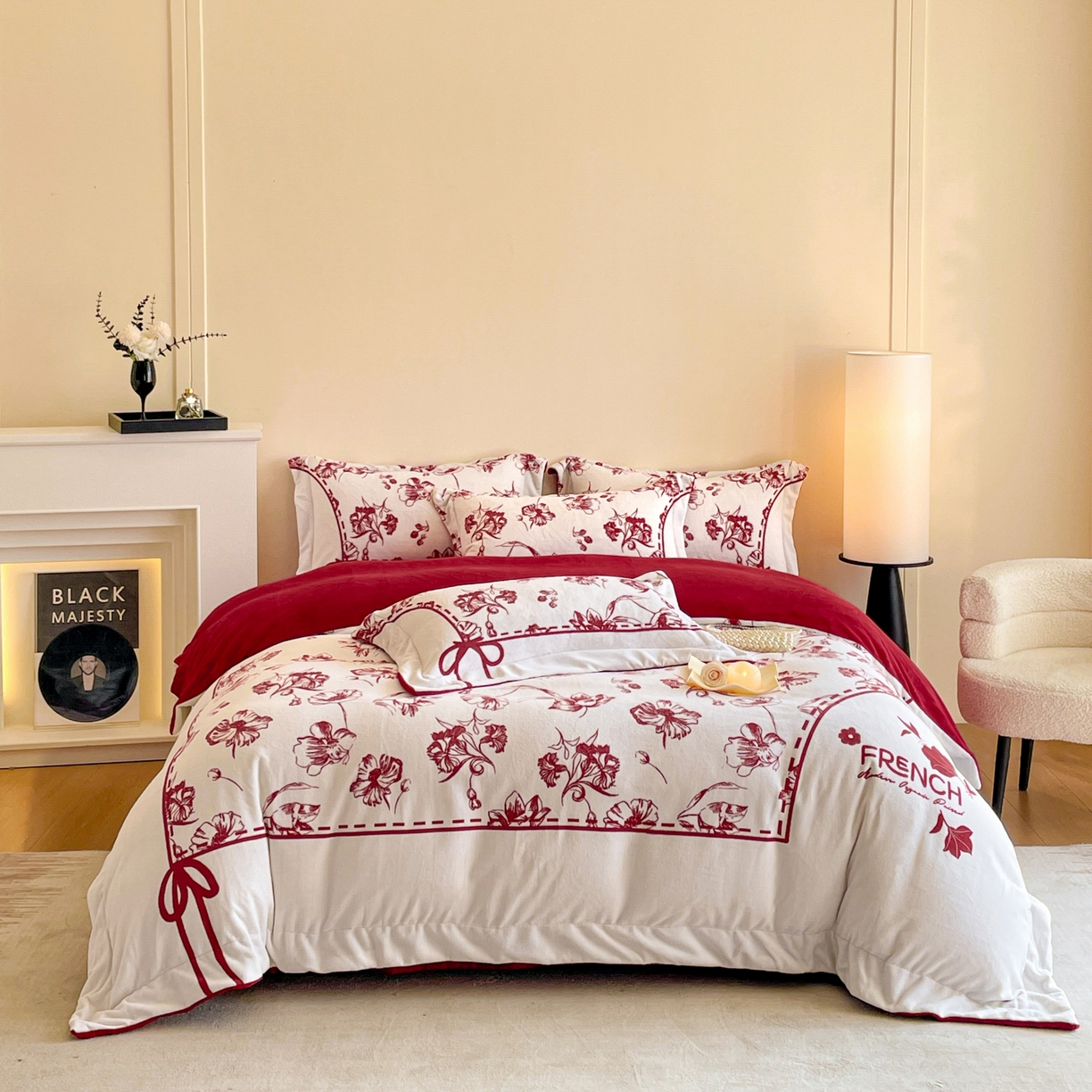 新方向 2025新款全消光A类数码印花牛奶绒四件套-如梦 如梦-洋酒红