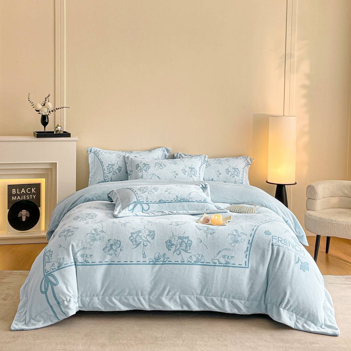 新方向 2025新款全消光A类数码印花牛奶绒四件套-如梦 如梦-星月蓝