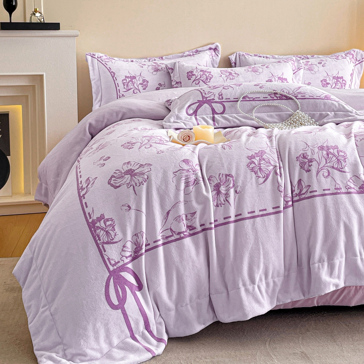 91家纺网 家纺一手货源 找家纺 新方向 2025新款全消光A类数码印花牛奶绒四件套-如梦 如梦-魅紫