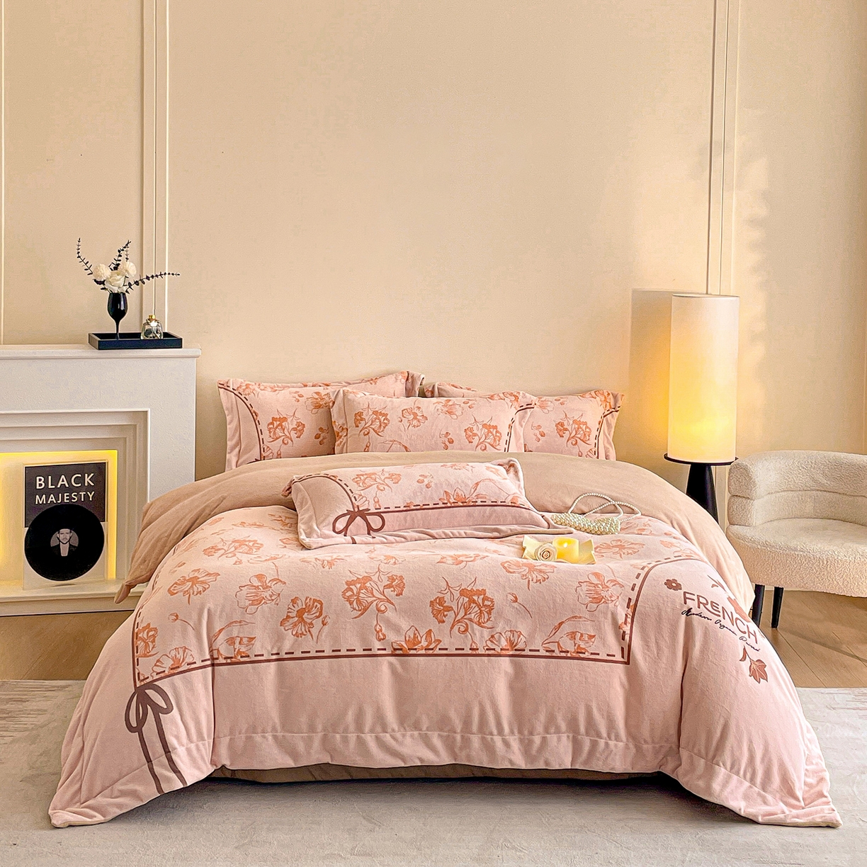 新方向 2025新款全消光A类数码印花牛奶绒四件套-如梦 如梦-香槟