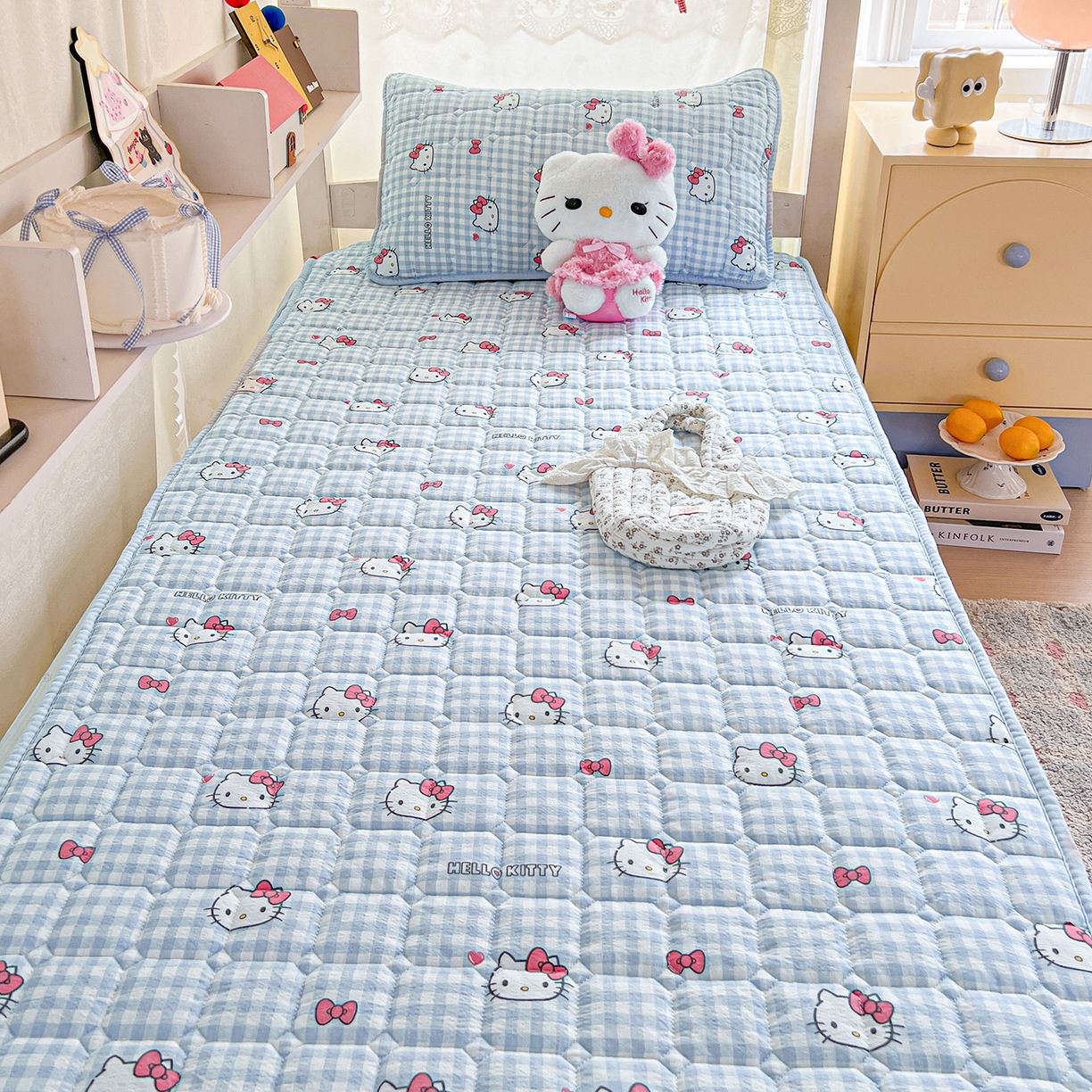 91家纺网 家纺一手货源 找家纺 星禾优选 2025新款三丽鸥云感双层纱夹棉床笠系列 床笠款-胡须蓝kt