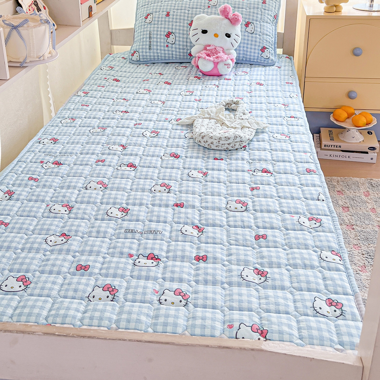 91家纺网 家纺一手货源 找家纺 星禾优选 2025新款三丽鸥云感双层纱夹棉床笠系列 床笠款-胡须蓝kt