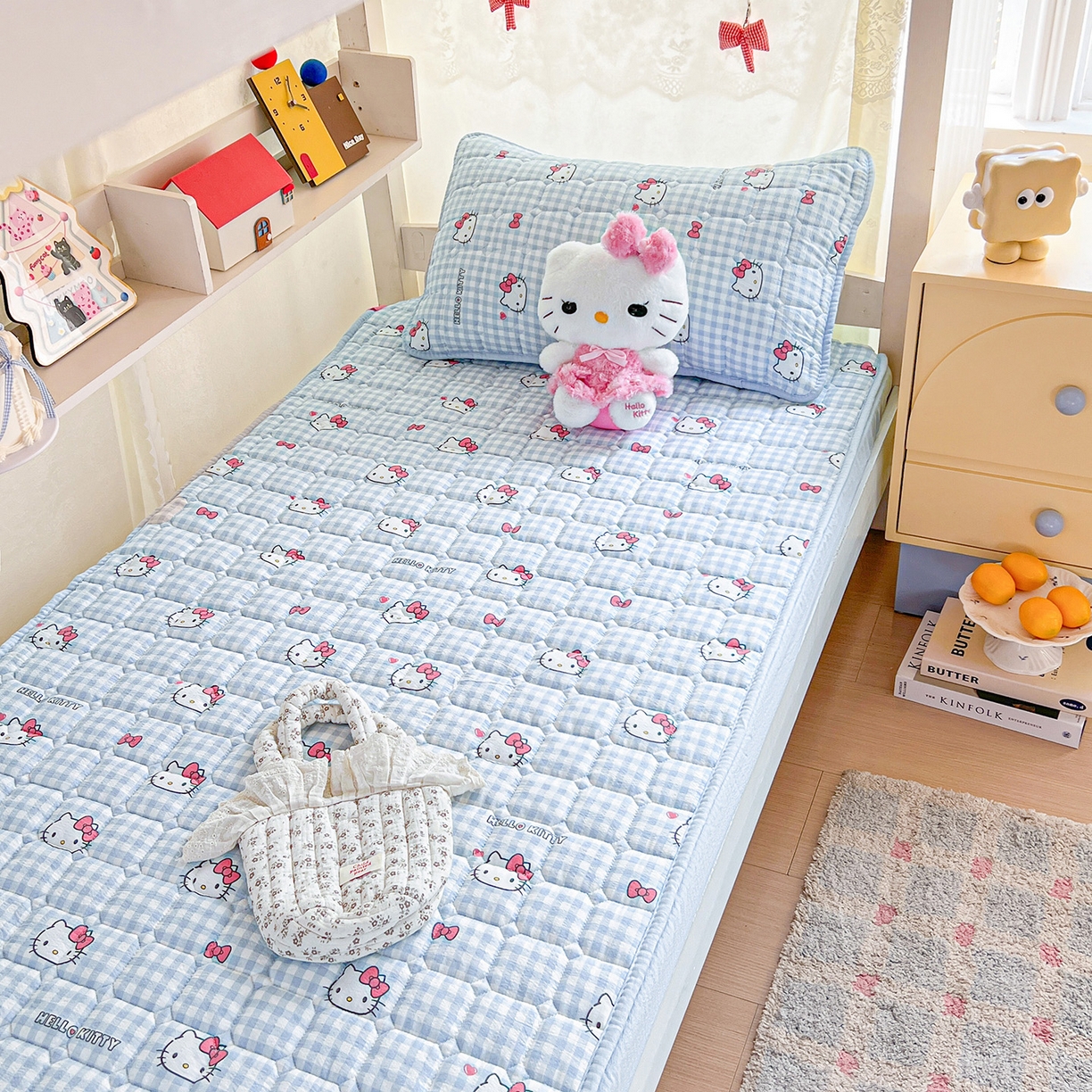 91家纺网 家纺一手货源 找家纺 星禾优选 2025新款三丽鸥云感双层纱夹棉床笠系列 床笠款-胡须蓝kt