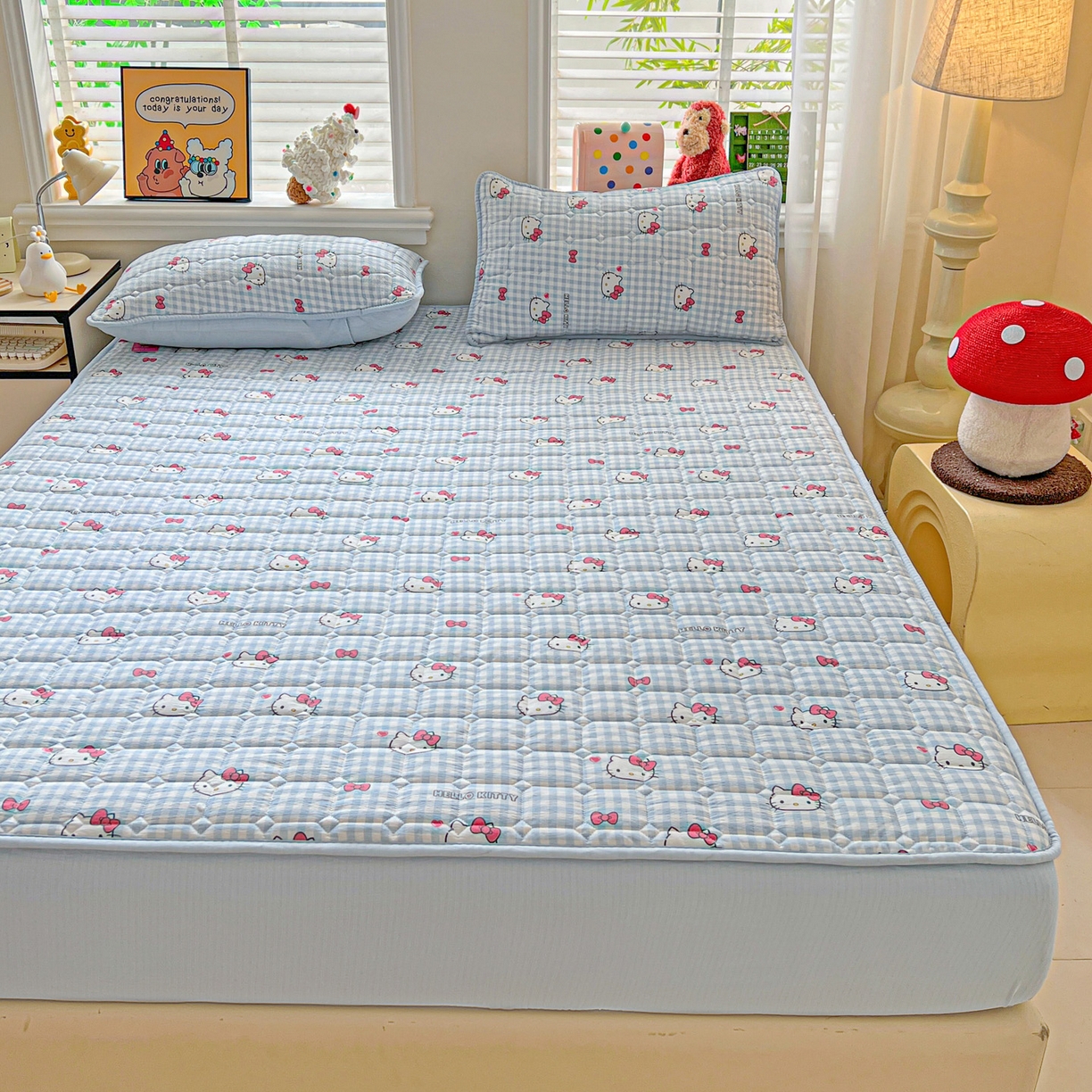 91家纺网 家纺一手货源 找家纺 （总）星禾优选 2025新款三丽鸥云感双层纱夹棉床笠系列-大床款