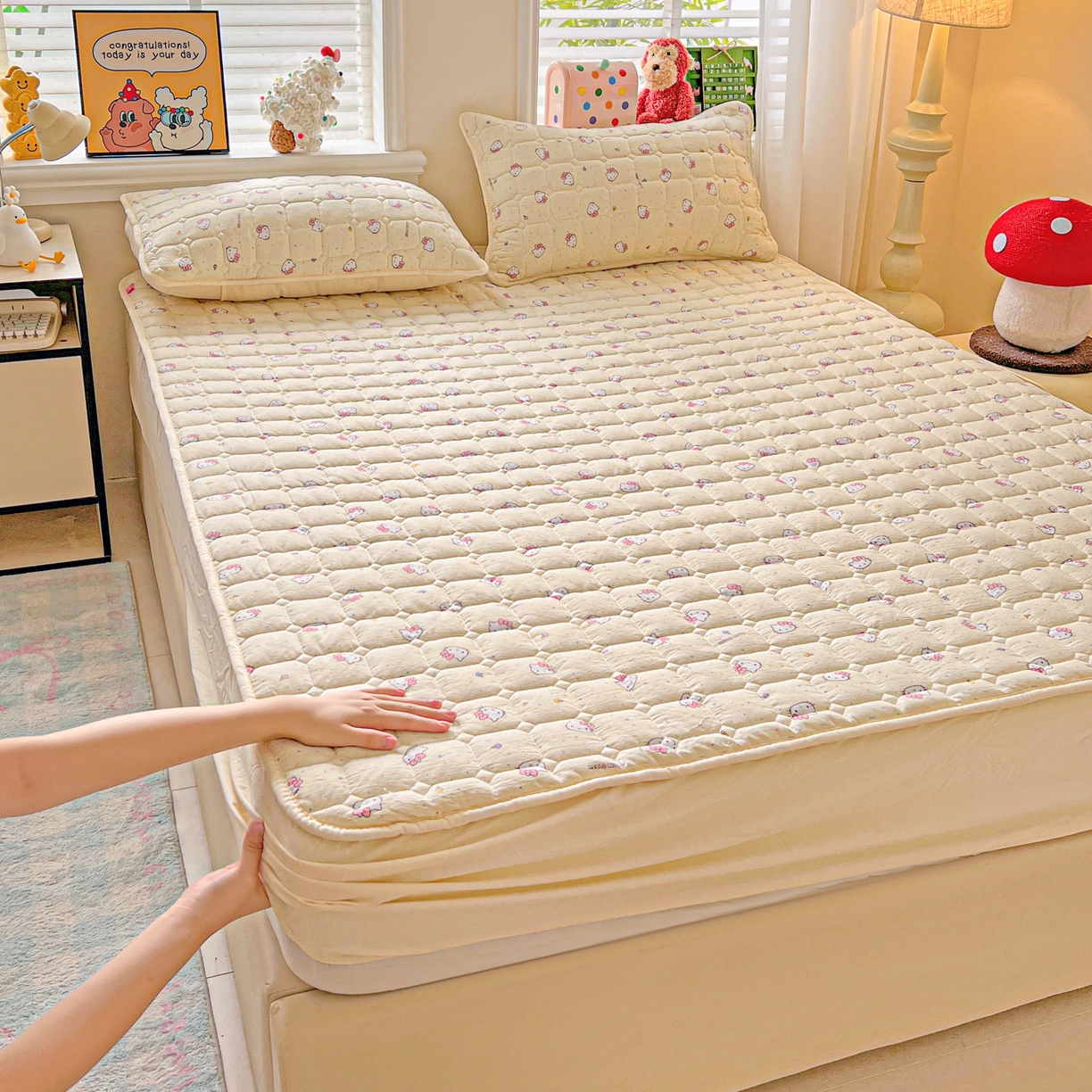 91家纺网 家纺一手货源 找家纺 （总）星禾优选 2025新款三丽鸥云感双层纱夹棉床笠系列-大床款