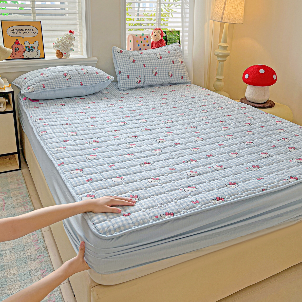 91家纺网 家纺一手货源 找家纺 （总）星禾优选 2025新款三丽鸥云感双层纱夹棉床笠系列-大床款