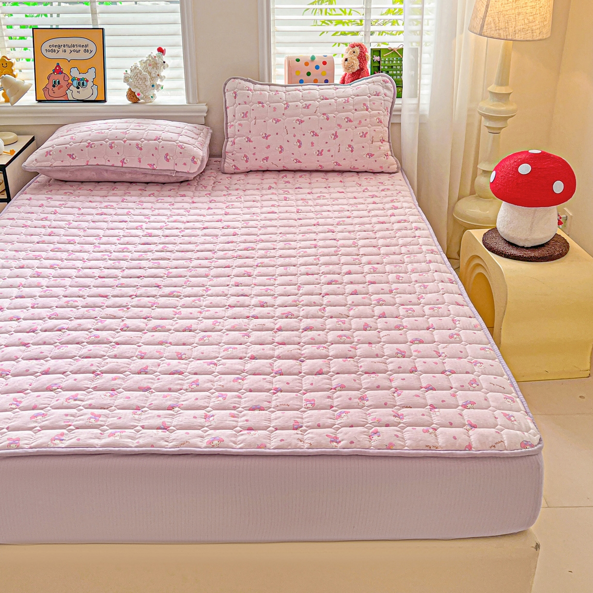 91家纺网 家纺一手货源 找家纺 星禾优选 2025新款三丽鸥云感双层纱夹棉床笠系列-大床款 床笠款-糯叽美乐蒂