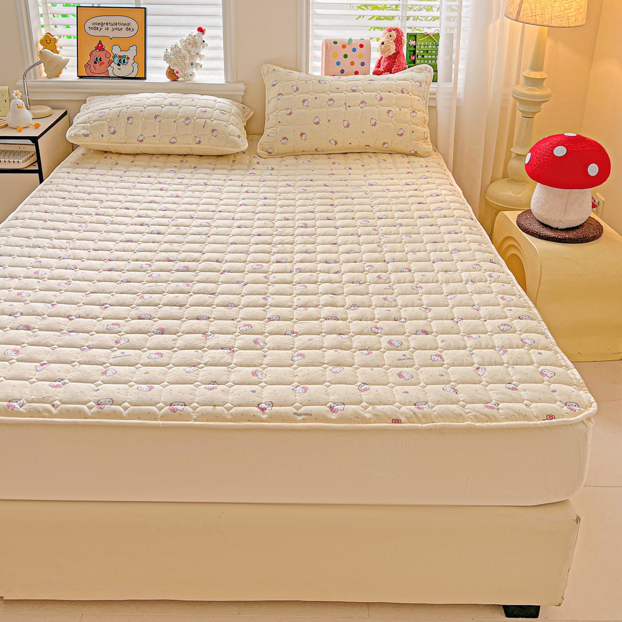 91家纺网 家纺一手货源 找家纺 星禾优选 2025新款三丽鸥云感双层纱夹棉床笠系列-大床款 床笠款-彩带凯蒂