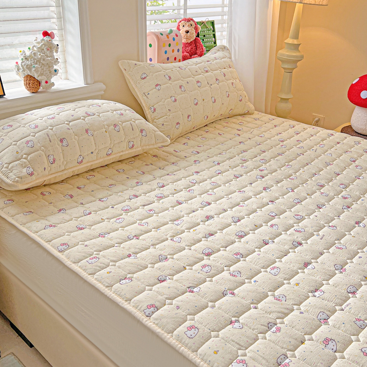 91家纺网 家纺一手货源 找家纺 星禾优选 2025新款三丽鸥云感双层纱夹棉床笠系列-大床款 床笠款-彩带凯蒂