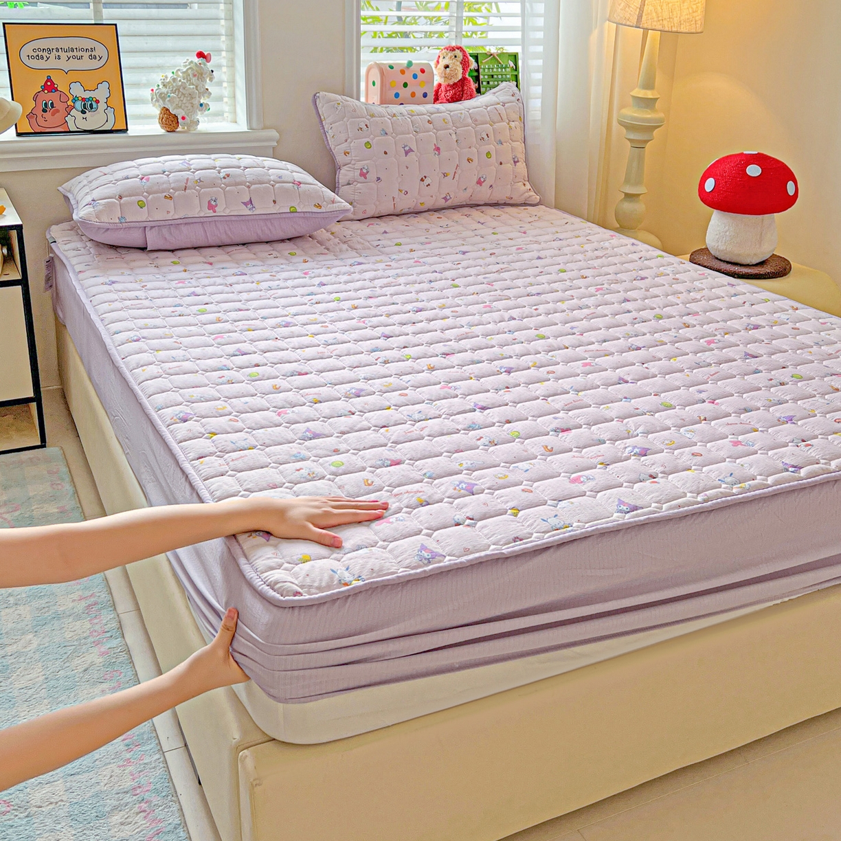 91家纺网 家纺一手货源 找家纺 星禾优选 2025新款三丽鸥云感双层纱夹棉床笠系列-大床款 床笠款-丽鸥星球