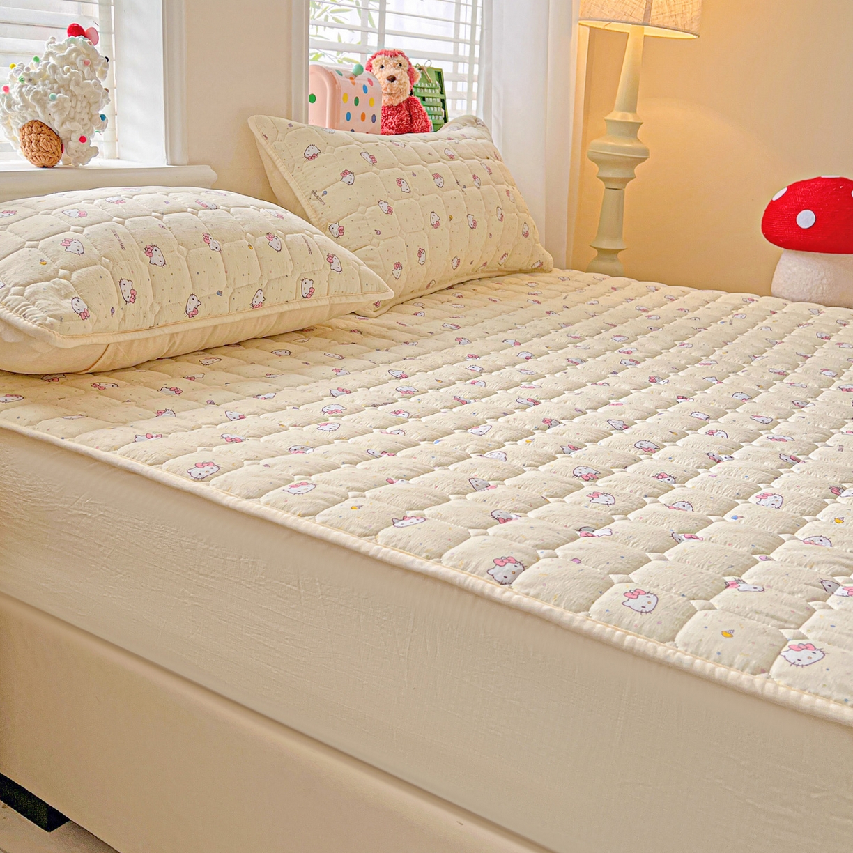 91家纺网 家纺一手货源 找家纺 星禾优选 2025新款三丽鸥云感双层纱夹棉床笠系列-大床款 床笠款-彩带凯蒂