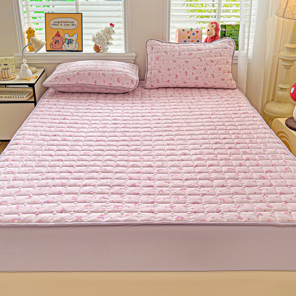 91家纺网 家纺一手货源 找家纺 星禾优选 2025新款三丽鸥云感双层纱夹棉床笠系列-大床款 床笠款-糯叽美乐蒂