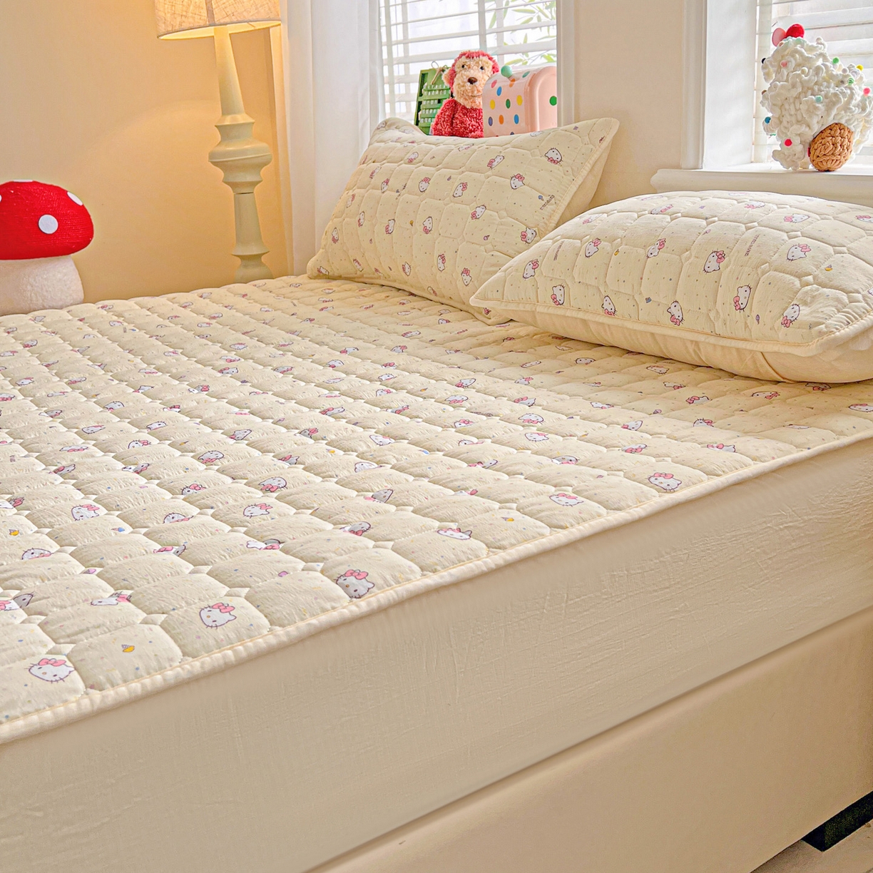 91家纺网 家纺一手货源 找家纺 星禾优选 2025新款三丽鸥云感双层纱夹棉床笠系列-大床款 床笠款-彩带凯蒂