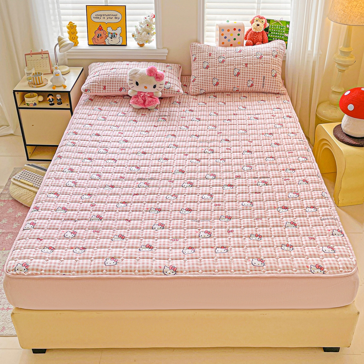 91家纺网 家纺一手货源 找家纺 星禾优选 2025新款三丽鸥云感双层纱夹棉床笠系列-大床款 床笠款-胡须粉kt