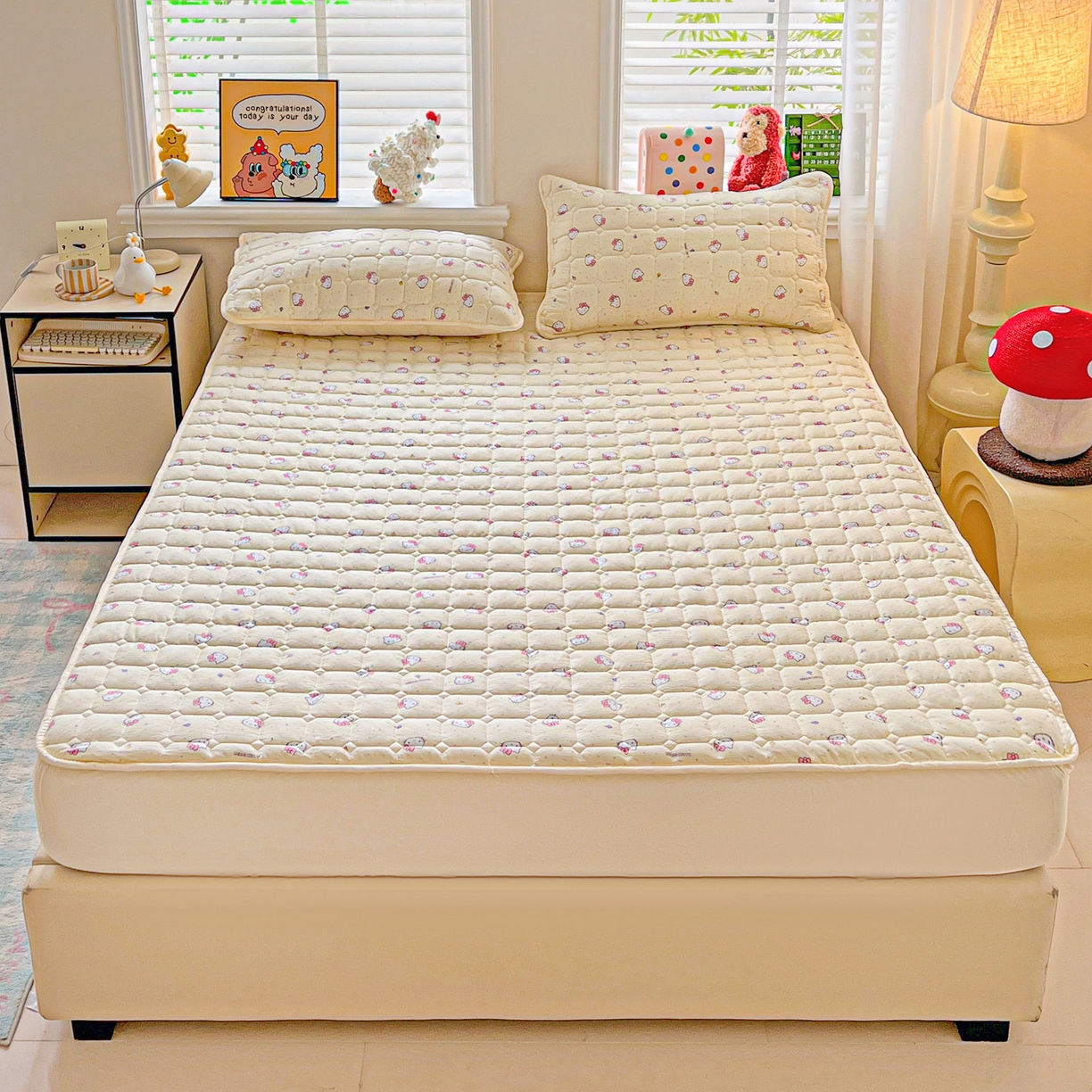 91家纺网 家纺一手货源 找家纺 星禾优选 2025新款三丽鸥云感双层纱夹棉床笠系列-大床款 床笠款-彩带凯蒂