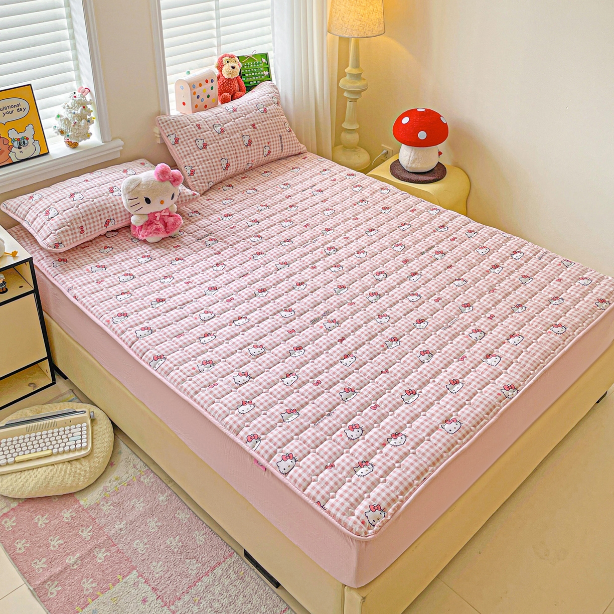 91家纺网 家纺一手货源 找家纺 星禾优选 2025新款三丽鸥云感双层纱夹棉床笠系列-大床款 床笠款-胡须粉kt