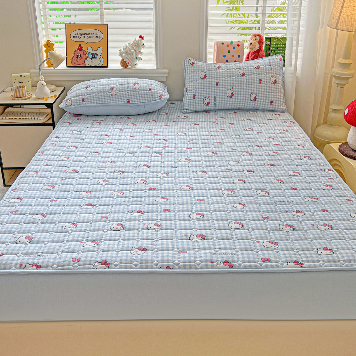 91家纺网 家纺一手货源 找家纺 星禾优选 2025新款三丽鸥云感双层纱夹棉床笠系列-大床款 床笠款-胡须蓝kt