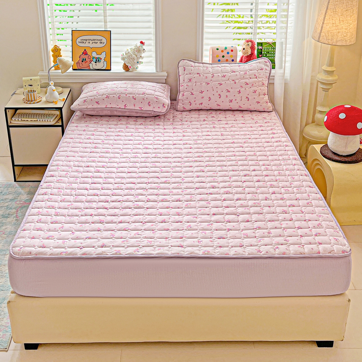 91家纺网 家纺一手货源 找家纺 星禾优选 2025新款三丽鸥云感双层纱夹棉床笠系列-大床款 床笠款-糯叽美乐蒂