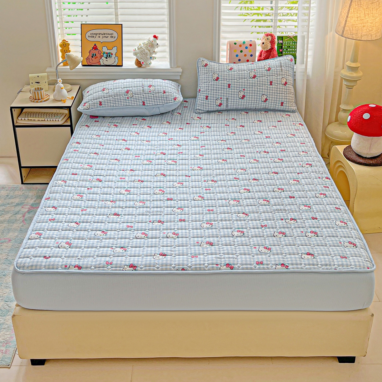 91家纺网 家纺一手货源 找家纺 星禾优选 2025新款三丽鸥云感双层纱夹棉床笠系列-大床款 床笠款-胡须蓝kt