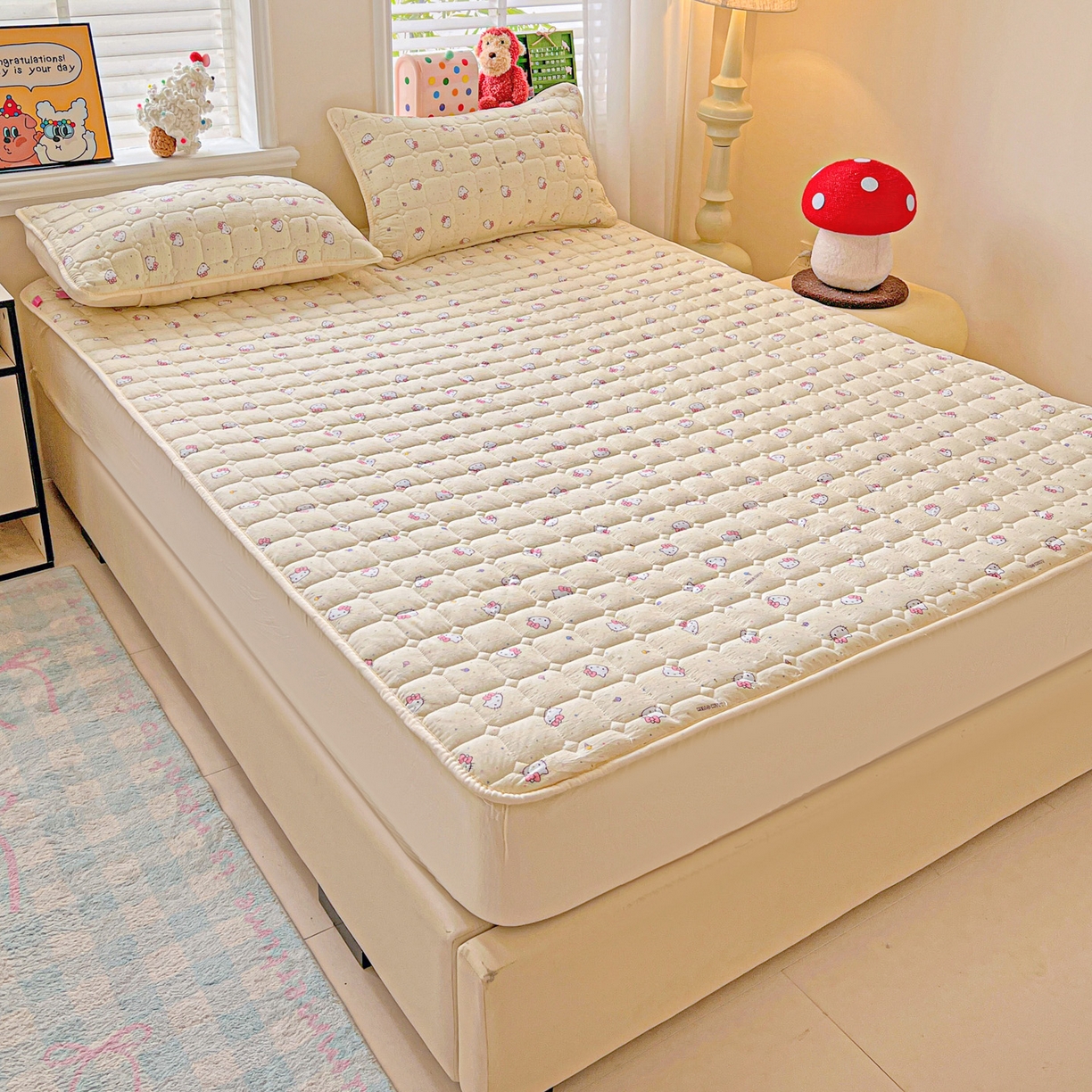 91家纺网 家纺一手货源 找家纺 星禾优选 2025新款三丽鸥云感双层纱夹棉床笠系列-大床款 床笠款-彩带凯蒂