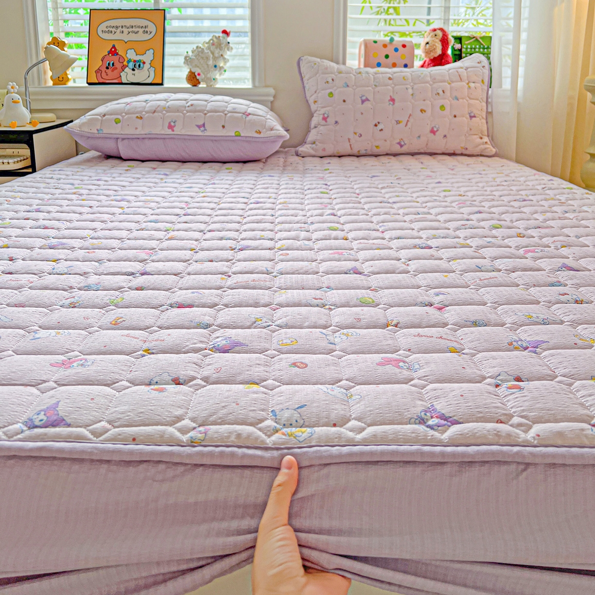 91家纺网 家纺一手货源 找家纺 星禾优选 2025新款三丽鸥云感双层纱夹棉床笠系列-大床款 床笠款-丽鸥星球