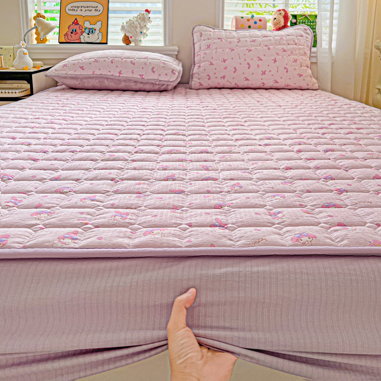 91家纺网 家纺一手货源 找家纺 星禾优选 2025新款三丽鸥云感双层纱夹棉床笠系列-大床款 床笠款-糯叽美乐蒂