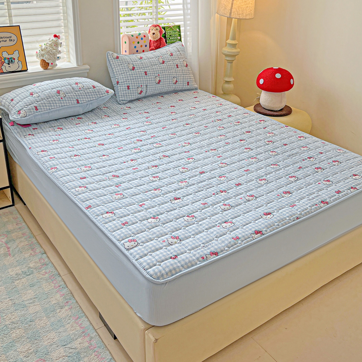 91家纺网 家纺一手货源 找家纺 星禾优选 2025新款三丽鸥云感双层纱夹棉床笠系列-大床款 床笠款-胡须蓝kt