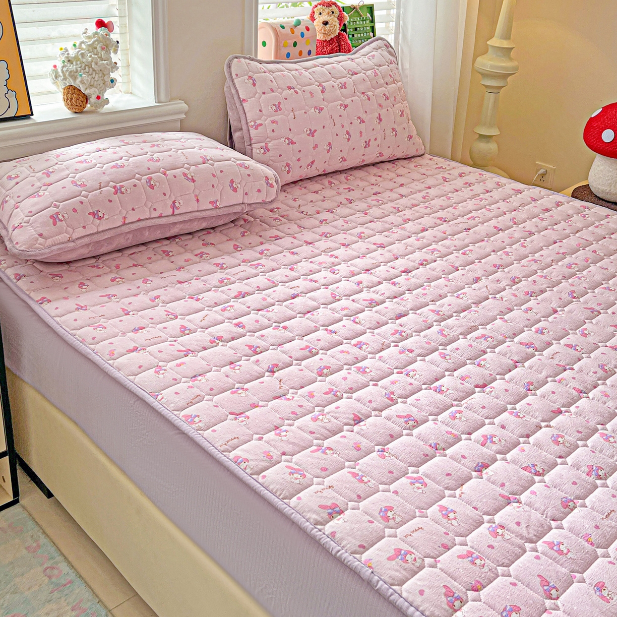 91家纺网 家纺一手货源 找家纺 星禾优选 2025新款三丽鸥云感双层纱夹棉床笠系列-大床款 床笠款-糯叽美乐蒂