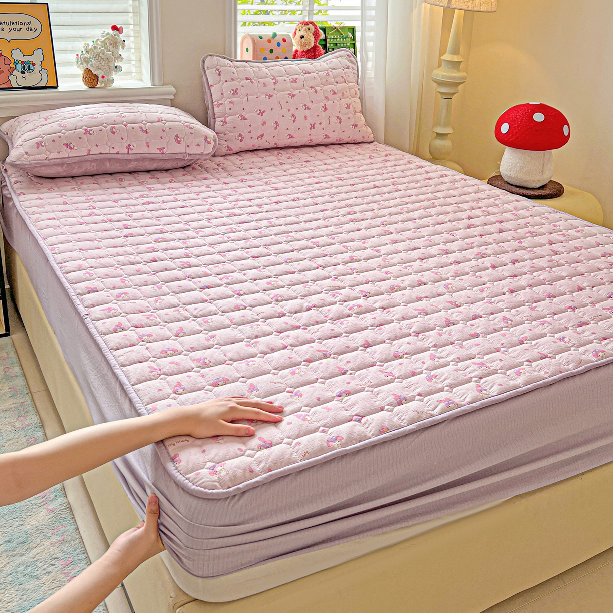 91家纺网 家纺一手货源 找家纺 星禾优选 2025新款三丽鸥云感双层纱夹棉床笠系列-大床款 床笠款-糯叽美乐蒂