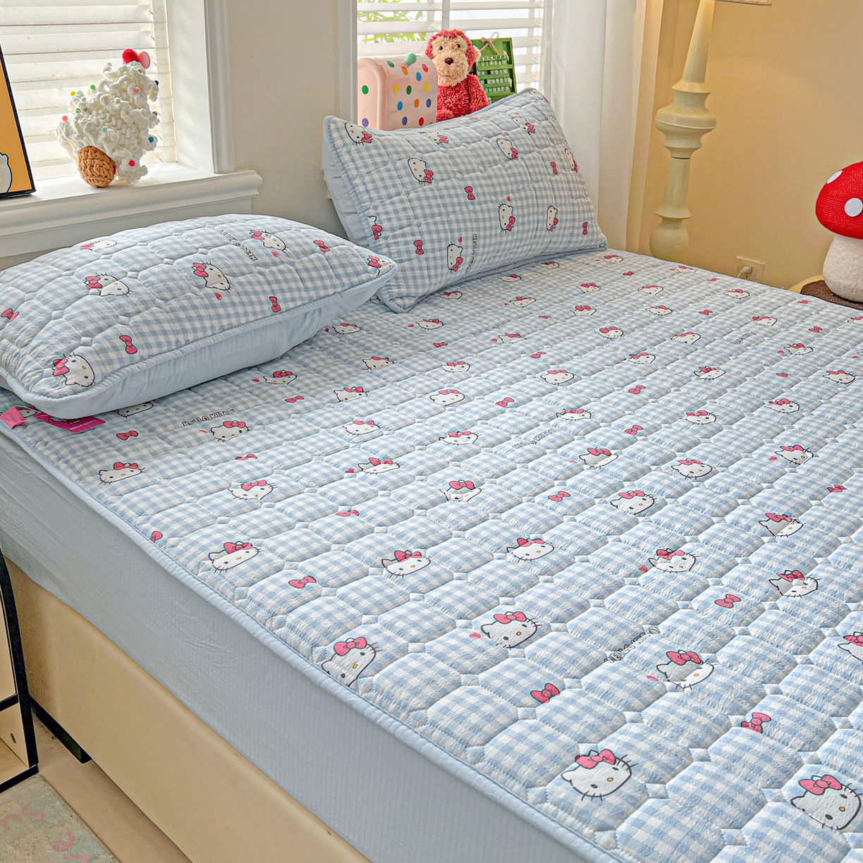 91家纺网 家纺一手货源 找家纺 星禾优选 2025新款三丽鸥云感双层纱夹棉床笠系列-大床款 床笠款-胡须蓝kt