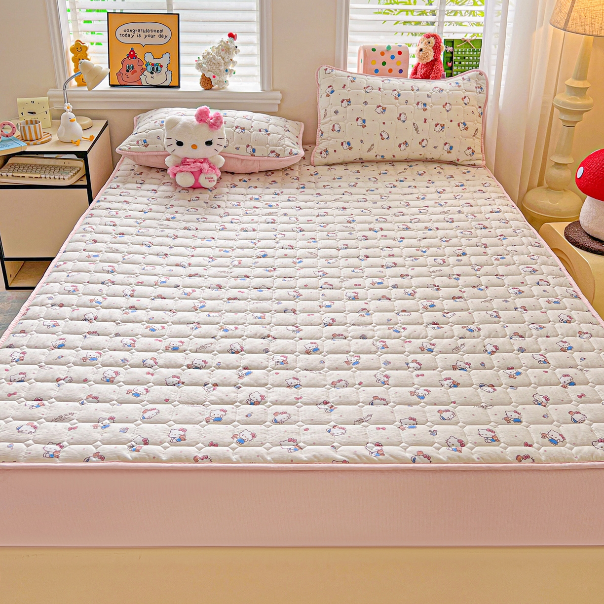 91家纺网 家纺一手货源 找家纺 星禾优选 2025新款三丽鸥云感双层纱夹棉床笠系列-大床款 床笠款-凯蒂与熊