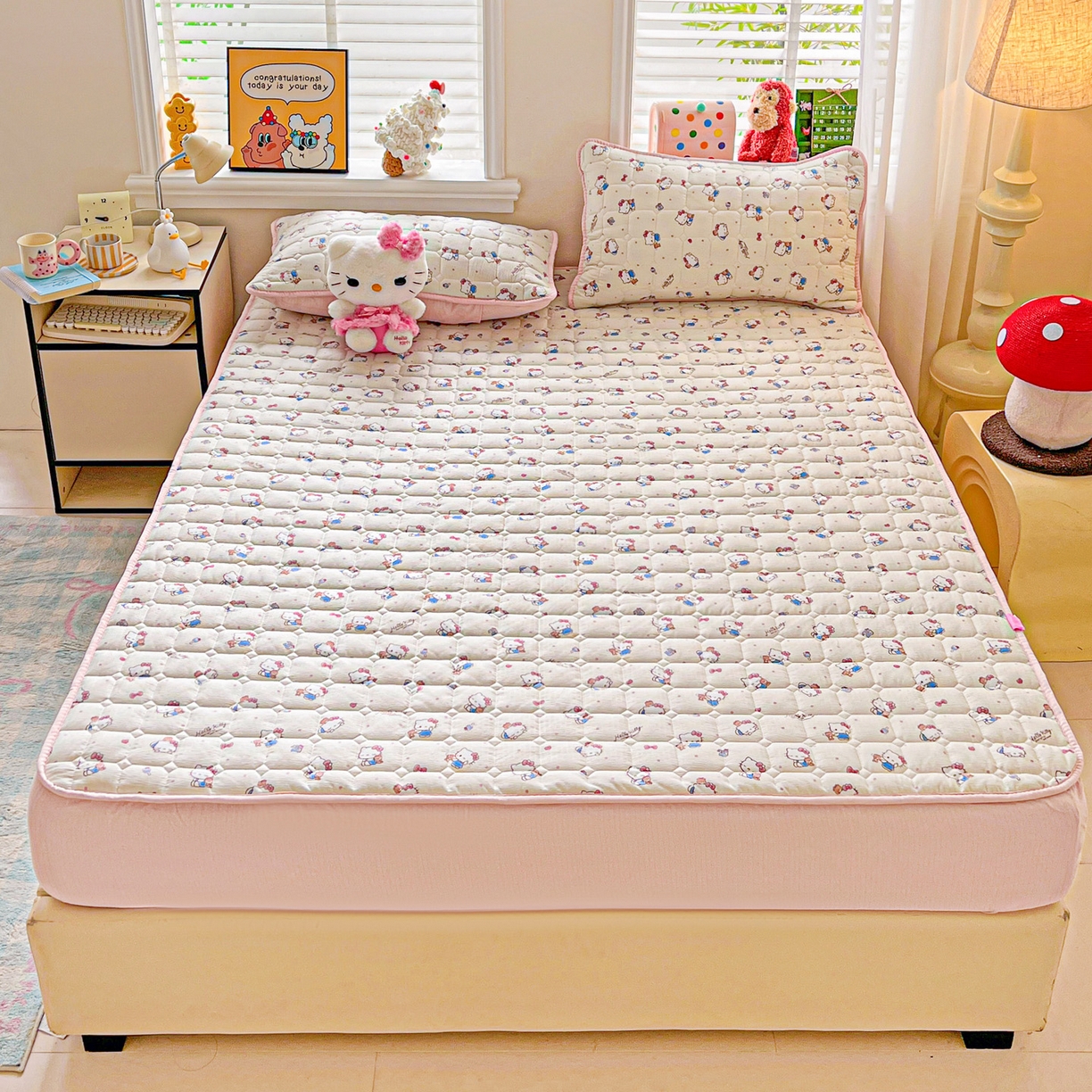 91家纺网 家纺一手货源 找家纺 星禾优选 2025新款三丽鸥云感双层纱夹棉床笠系列-大床款 床笠款-凯蒂与熊