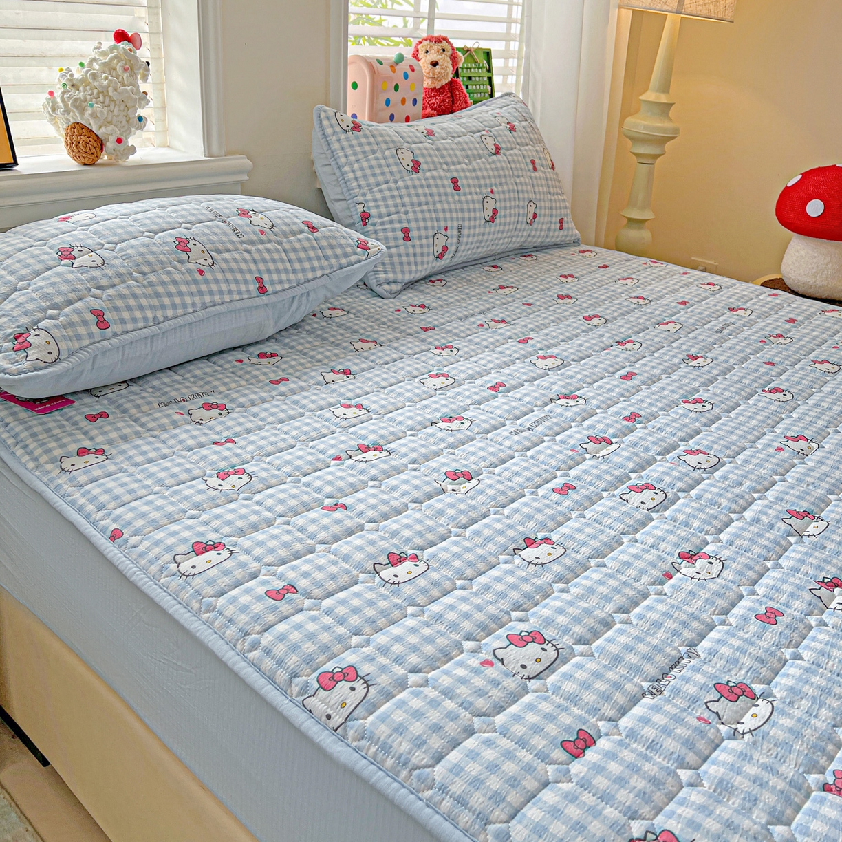 91家纺网 家纺一手货源 找家纺 星禾优选 2025新款三丽鸥云感双层纱夹棉床笠系列-大床款 床笠款-胡须蓝kt