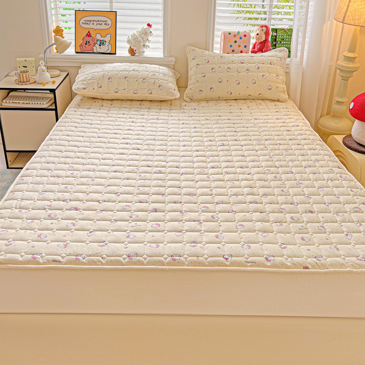 91家纺网 家纺一手货源 找家纺 星禾优选 2025新款三丽鸥云感双层纱夹棉床笠系列-大床款 床笠款-彩带凯蒂