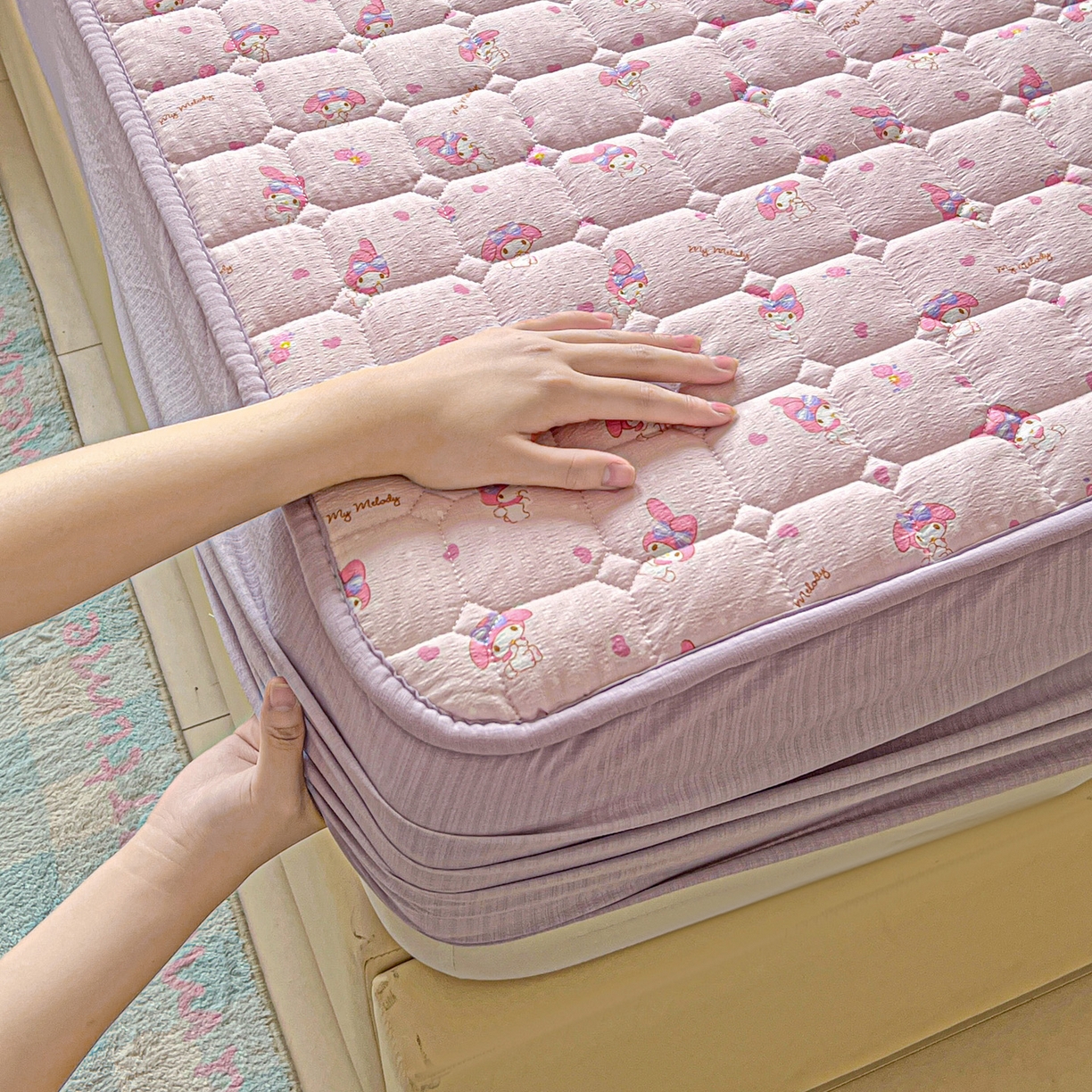 91家纺网 家纺一手货源 找家纺 星禾优选 2025新款三丽鸥云感双层纱夹棉床笠系列-大床款 床笠款-糯叽美乐蒂