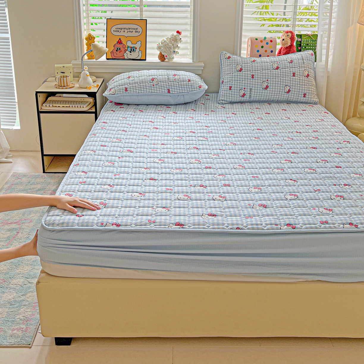 91家纺网 家纺一手货源 找家纺 星禾优选 2025新款三丽鸥云感双层纱夹棉床笠系列-大床款 床笠款-胡须蓝kt