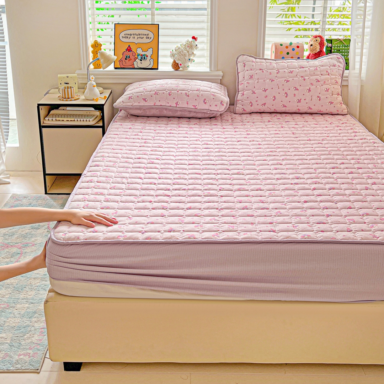 91家纺网 家纺一手货源 找家纺 星禾优选 2025新款三丽鸥云感双层纱夹棉床笠系列-大床款 床笠款-糯叽美乐蒂