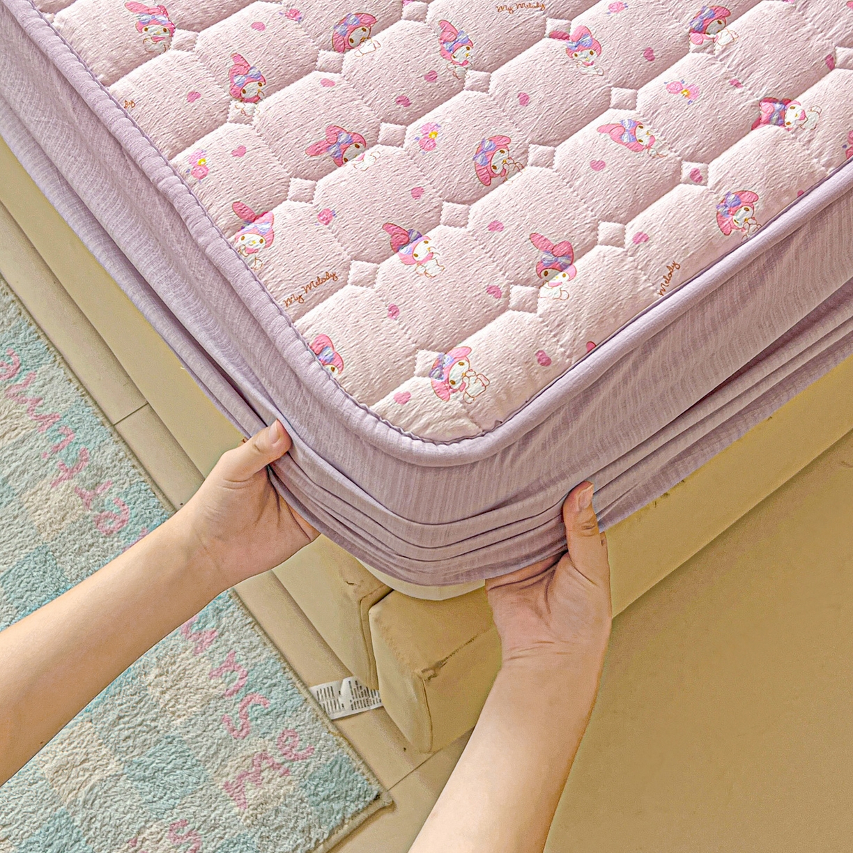 91家纺网 家纺一手货源 找家纺 星禾优选 2025新款三丽鸥云感双层纱夹棉床笠系列-大床款 床笠款-糯叽美乐蒂