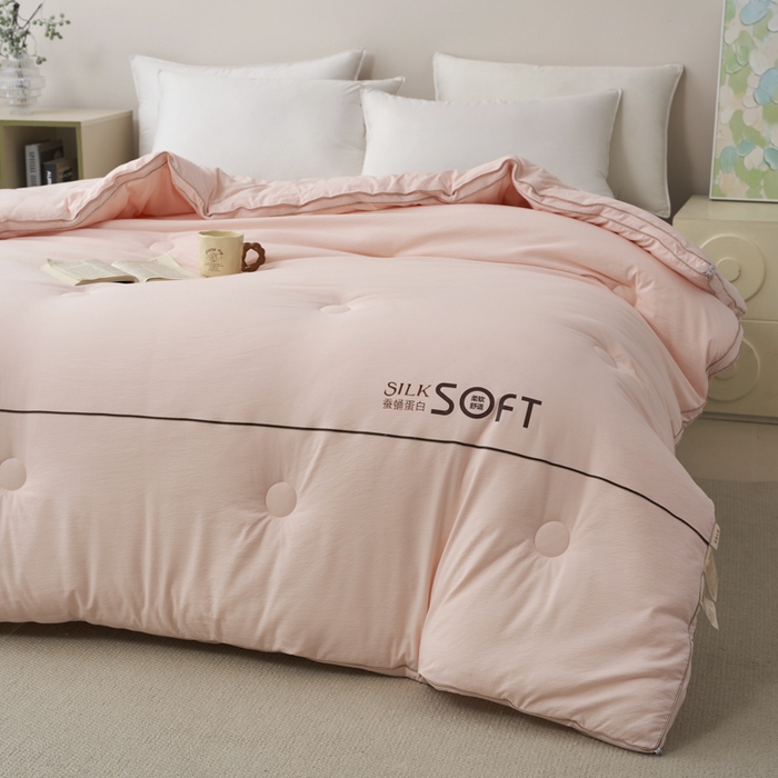 91家纺网 家纺一手货源 找家纺 蓝雀翎 2025新款木棉提花蚕蛹蛋白被子被芯 粉色