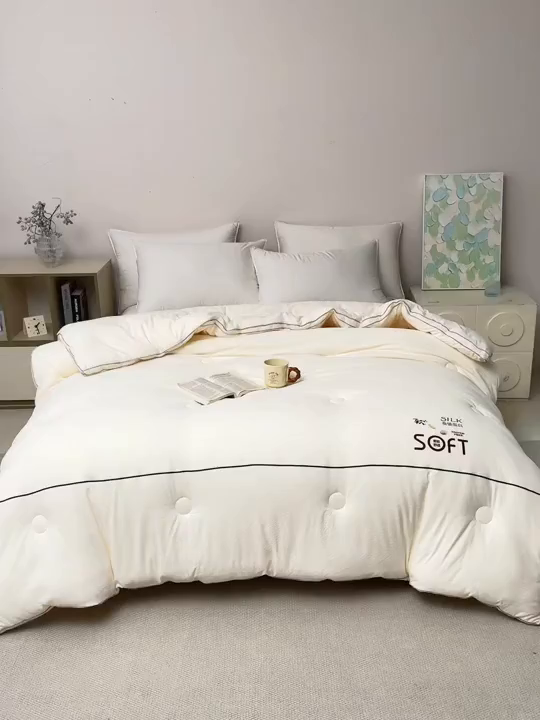 91家纺网 家纺一手货源 找家纺 蓝雀翎 2025新款木棉提花蚕蛹蛋白被子被芯 米白