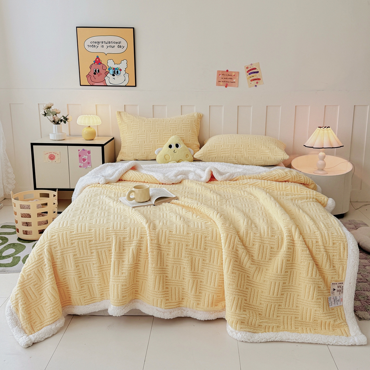 91家纺网 家纺一手货源 找家纺 牛魔王家居 2025新款华夫格提花双面绒毛毯羊羔绒毯子外贸跨境专供 绒毯系列-米黄