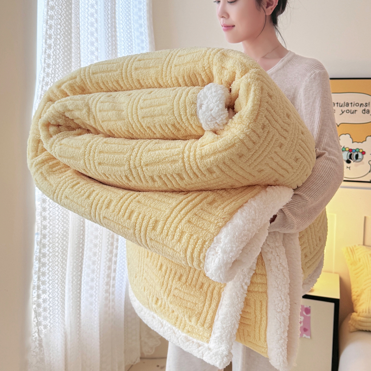 91家纺网 家纺一手货源 找家纺 牛魔王家居 2025新款华夫格提花双面绒毛毯羊羔绒毯子外贸跨境专供 绒毯系列-米黄