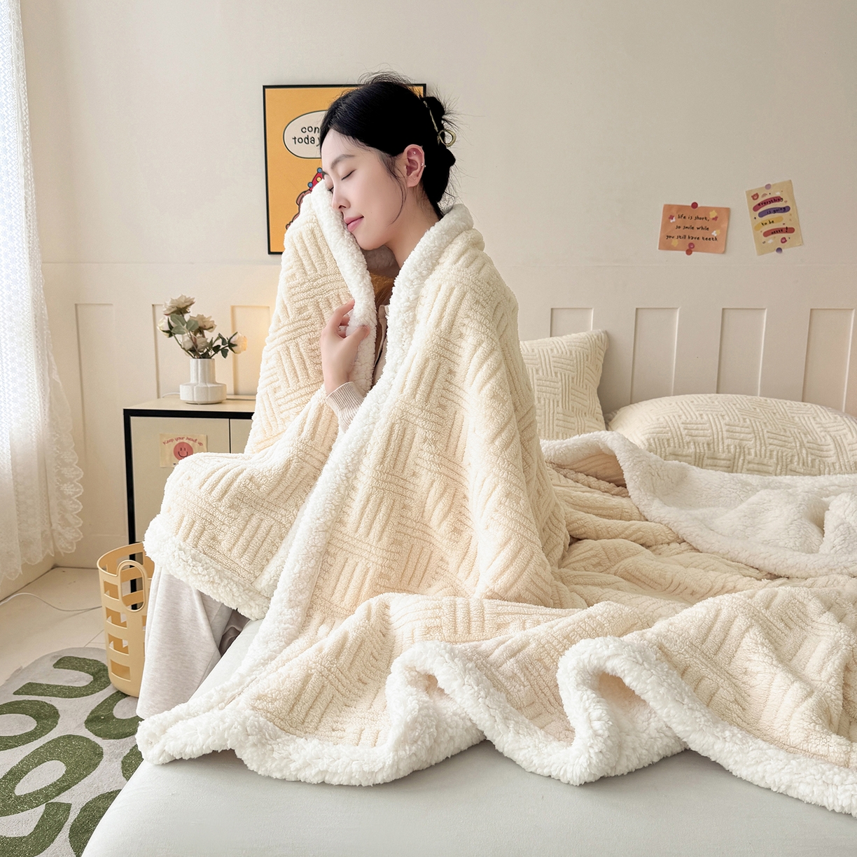 91家纺网 家纺一手货源 找家纺 牛魔王家居 2025新款华夫格提花双面绒毛毯羊羔绒毯子外贸跨境专供 绒毯系列-奶白