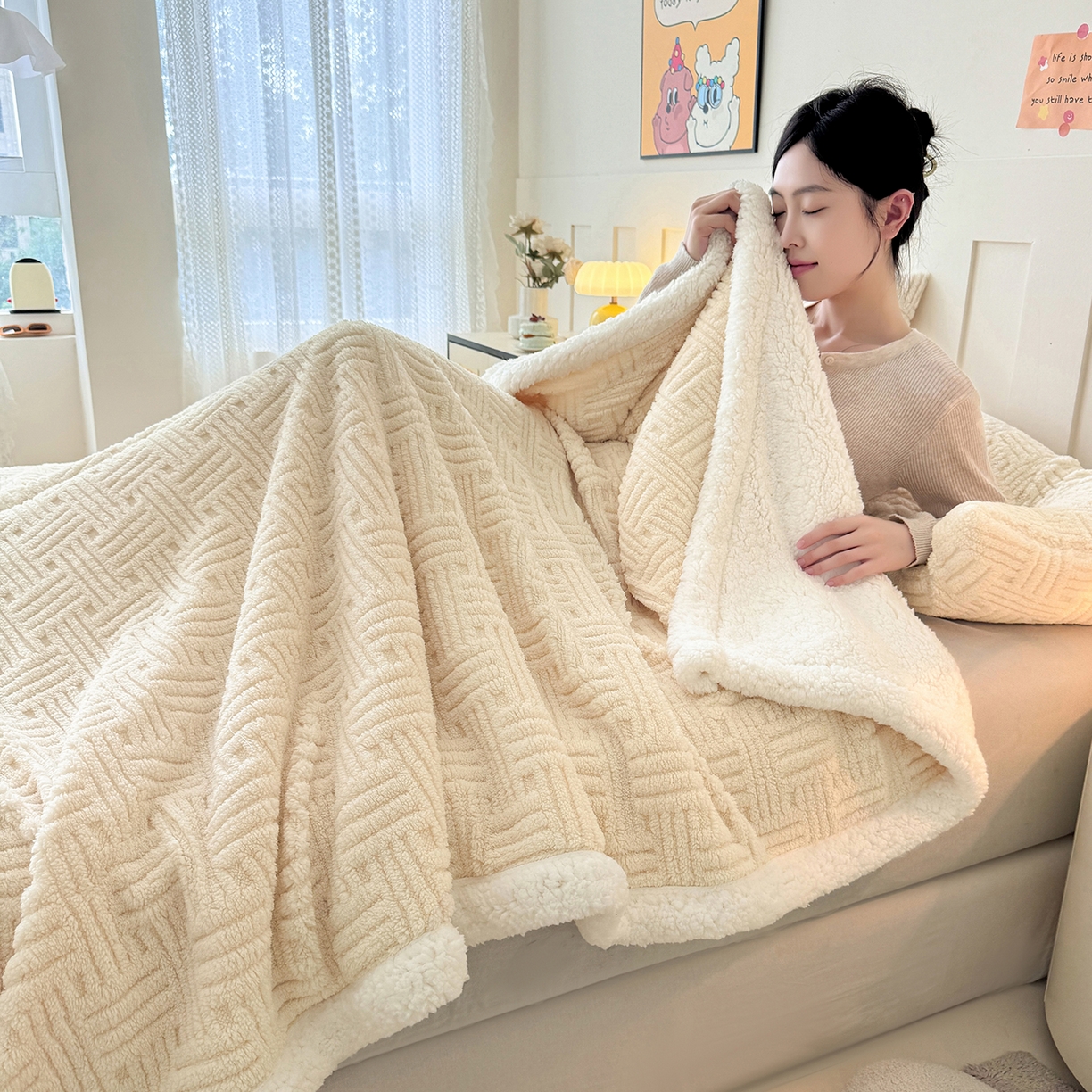 91家纺网 家纺一手货源 找家纺 牛魔王家居 2025新款华夫格提花双面绒毛毯羊羔绒毯子外贸跨境专供 绒毯系列-奶白