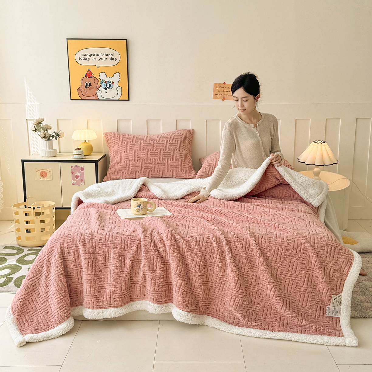 91家纺网 家纺一手货源 找家纺 牛魔王家居 2025新款华夫格提花双面绒毛毯羊羔绒毯子外贸跨境专供 绒毯系列-豆沙红