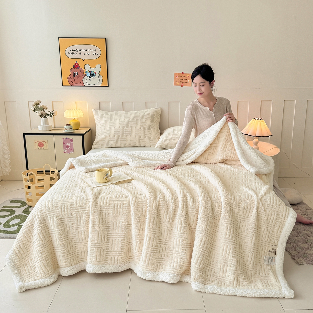 91家纺网 家纺一手货源 找家纺 牛魔王家居 2025新款华夫格提花双面绒毛毯羊羔绒毯子外贸跨境专供 绒毯系列-奶白