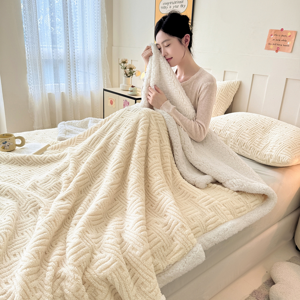 91家纺网 家纺一手货源 找家纺 牛魔王家居 2025新款华夫格提花双面绒毛毯羊羔绒毯子外贸跨境专供 绒毯系列-奶白